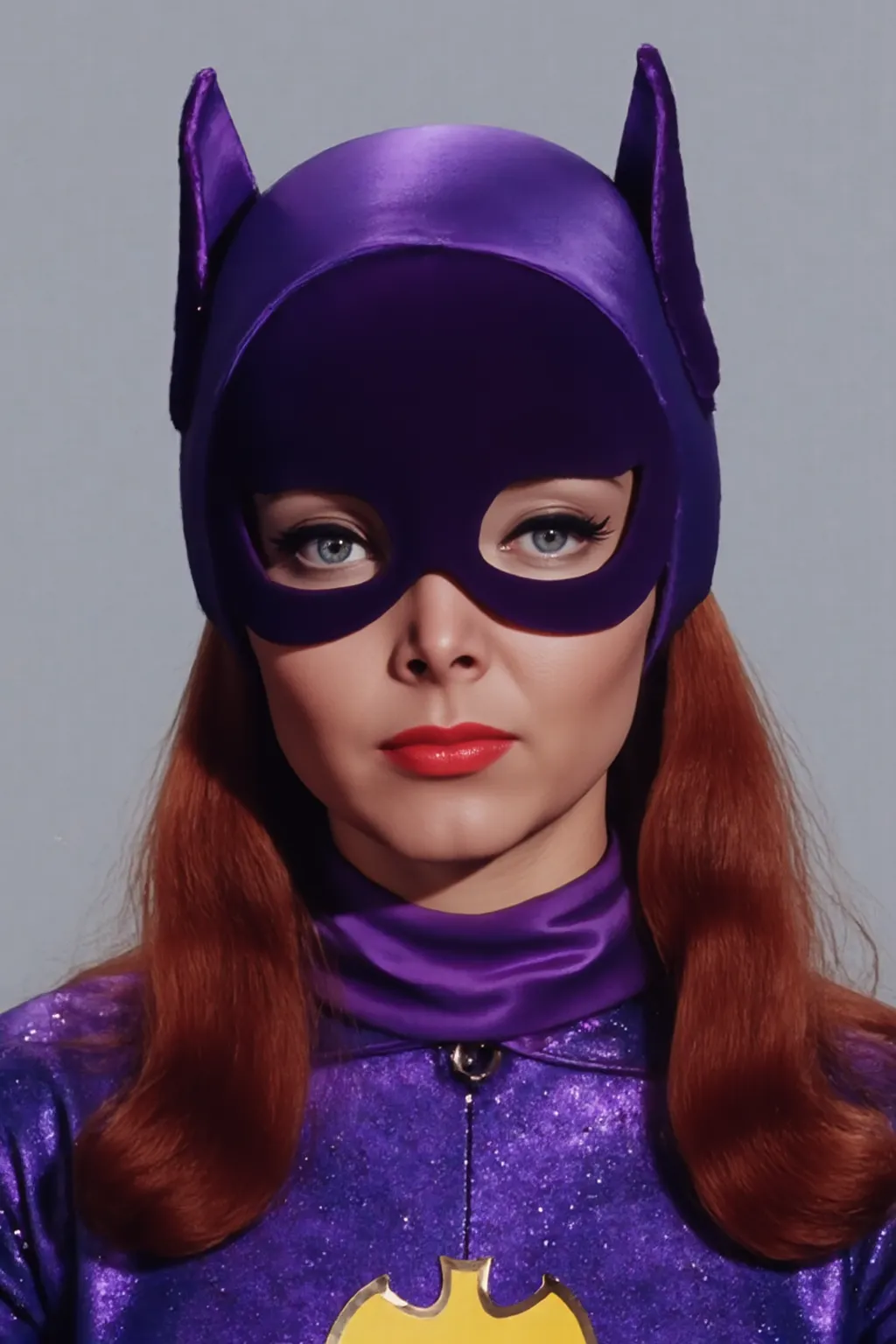 Ultrarealistic, 4K, high resolution. NSFW. 1966 batgirl cowl, picture of face only