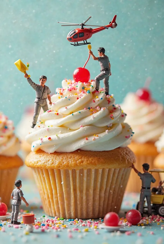 Tiny bakers are pouring batter into enormous cupcake molds using tiny buckets. One person is operating a frosting cannon to decorate the tops, while others sprinkle rainbow sprinkles from a helicopter. A team is placing cherry toppings using a mini forklif...