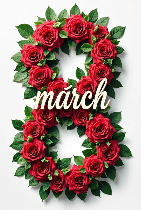  caption "MARCH 8" covered with red and green roses on a white background in Ukrainian letters