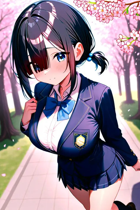 black haired girl with short ponytail sitting holding her knees、cute、 long bangs、 blue eyes、 slim、 shy girl 、big breasts、School Blazer、Outdoors、(walking:1.5)、(walking in the wind:1.5)、(strong wind:1.5)、cherry blossoms、(cherry blossoms吹雪:1.5)