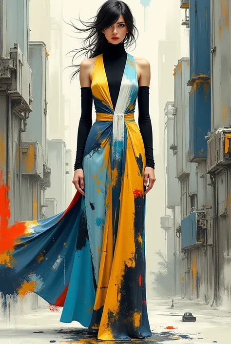 A futuristic female figure stands in a surreal, abstract cityscape, wearing a sleeveless long dress with a painterly, avant-garde design. The dress flows elegantly, featuring bold geometric patterns, abstract brushstrokes, and vibrant splashes of color lik...