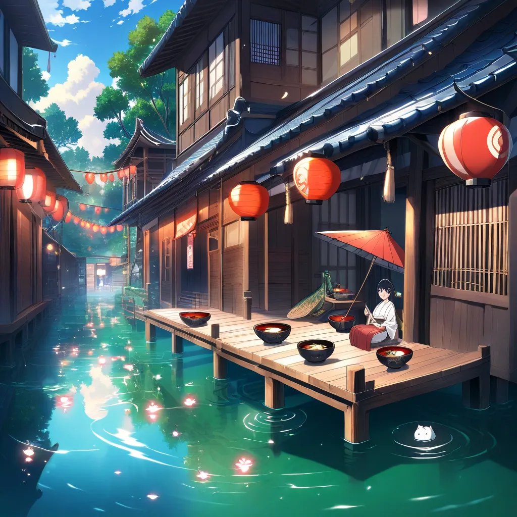 A quaint Japanese market alley drenched in warm summer rain, where soft drizzles form tiny ripples in puddles reflecting the glow of red lanterns. Vendors pull bamboo covers over their wooden stalls while steaming bowls of ramen send delicate plumes into t...