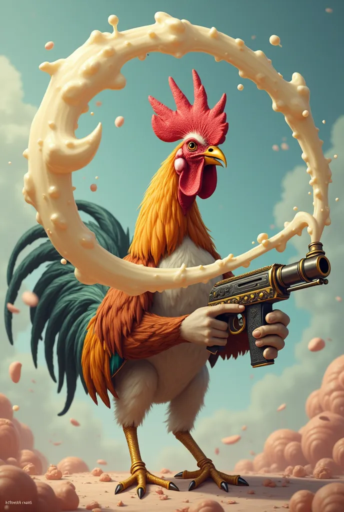 A rooster shooting a long rope of cream out with his gun