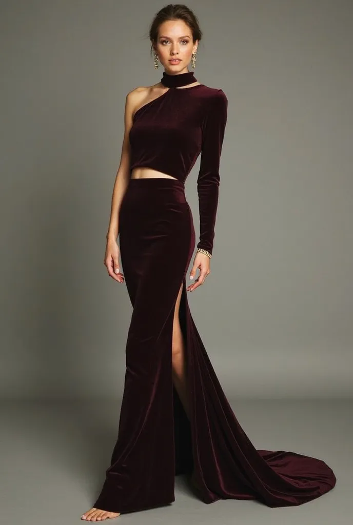 Sleek Minimalist with a Twist
A body-hugging gown with a high neckline and a thigh-high slit.
Velvet or silk fabric in deep tones like burgundy, black, or emerald.
A cut-out design at the waist or a single off-shoulder sleeve for a subtle alternative edge.