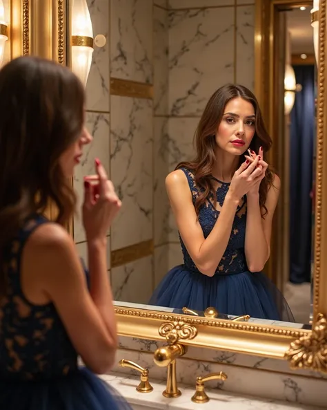 In a luxurious backstage restroom, Nina stands before an ornate, illuminated mirror, delicately retouching her makeup. The mirror’s warm lights reflect her elegance as she focuses on the fine details of her look. The setting exudes an air of opulence, with...