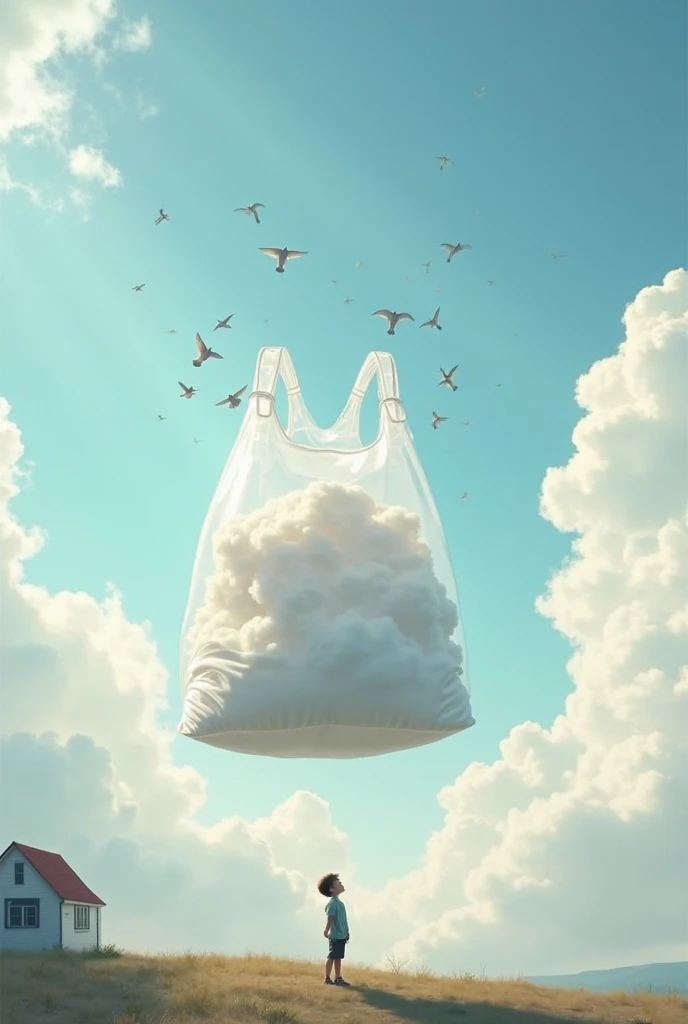 A transparent, see-through bag floating in the sky, surrounded by soft, fluffy clouds that are only around the bag, not inside it. The bag is made of completely clear material, allowing the sky to be fully visible through it, with no clouds or mist inside....