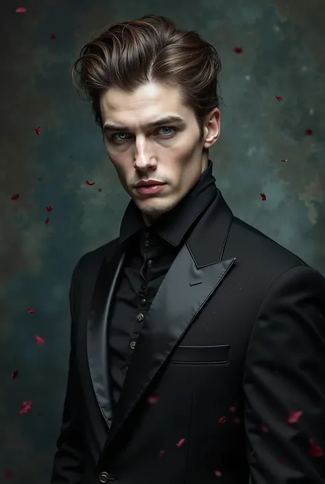 Handsome vampire man with pale skin and blue eyes, tall brown hair pulled up, wearing a black suit, his features close