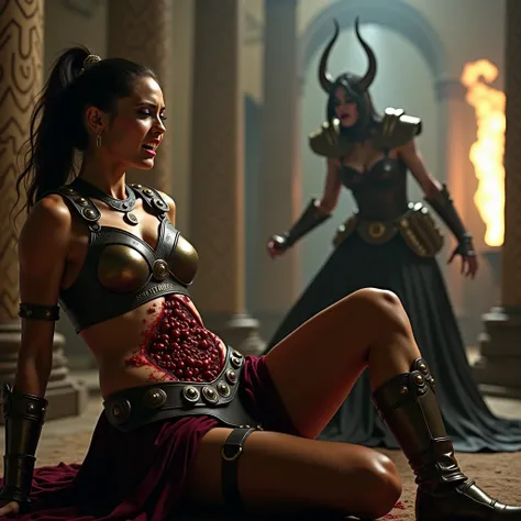 A cinematic artstyle image movie shot of a attractive gladiator woman in gladiator armour is disemboweled she is in pain, her intestines are hanging out of her belly,painful expression, in background a witch can be seen