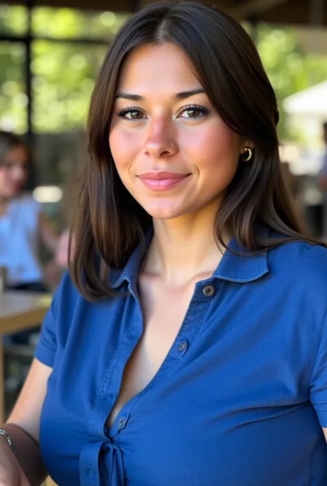 Woman sitting in a coffee. Has a blue shirt on,  style photorealistic , impressionist,  sharp focus, very detailed, daylight, Detail,  full body