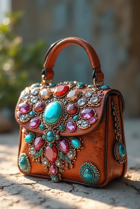 8k, ultra realistic, row, 226 / 5,000 close-up small, original, women's bag with decorative stones, in the photo you can only see the, stones are big and colorful,