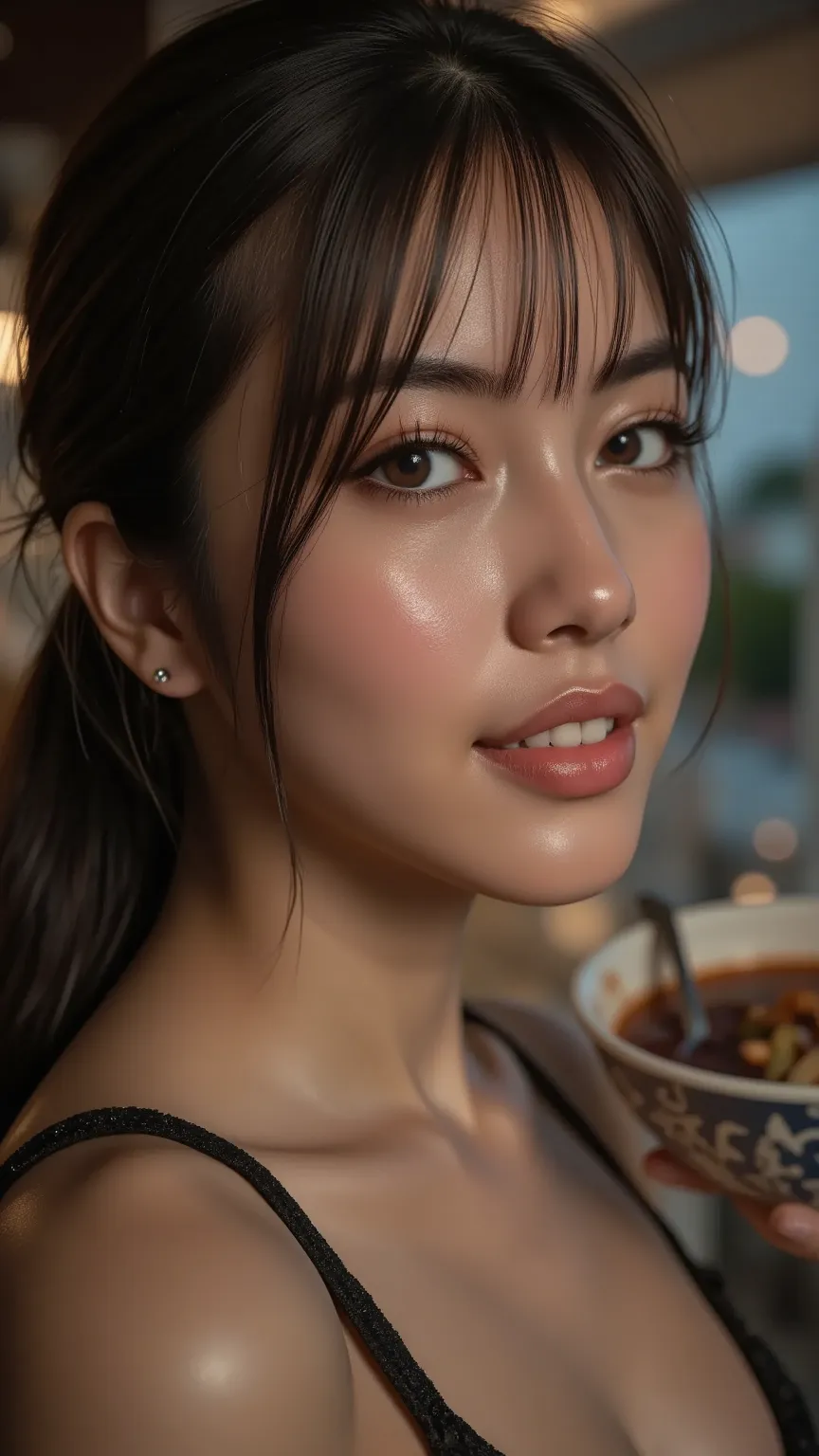 Realistic photo of (1cute Japanese actress), She wears a party dress., She eats a ramen in ramen shop, smiling, Canon EOS, clear facial features, close up portrait, cinematic mode, 8K