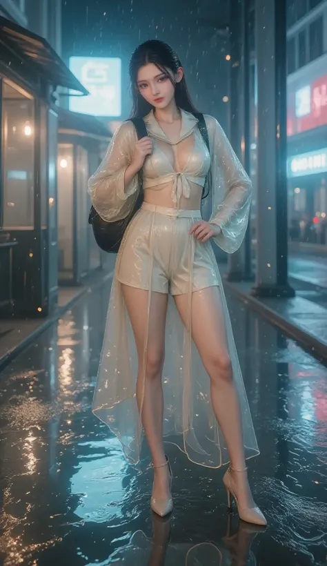 NSFW, TOP QUALITY , HD, 16k,   unbelievably ridiculous ,  very well detailed, 2.5D,   Delicate and Dynamic ,  beautiful woman,   attractive smile ,   busty high school girl , uniform、 sailor suit、、 ,  backpack,  ,  glitter effect, ((It's raining:1.3))、((My...