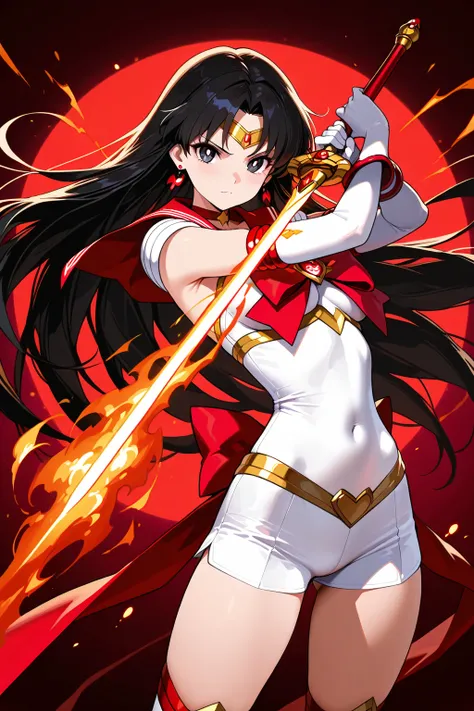 a beautiful female " 1 Pretty Guardian Sailor Moon"; fire motif, sexy proportions slim body, black eyes, tight waist, powerful protector of justice, wearing a red colors heroic hair ornaments, red colors heroic magical dress, with a fire-like magic saber, ...