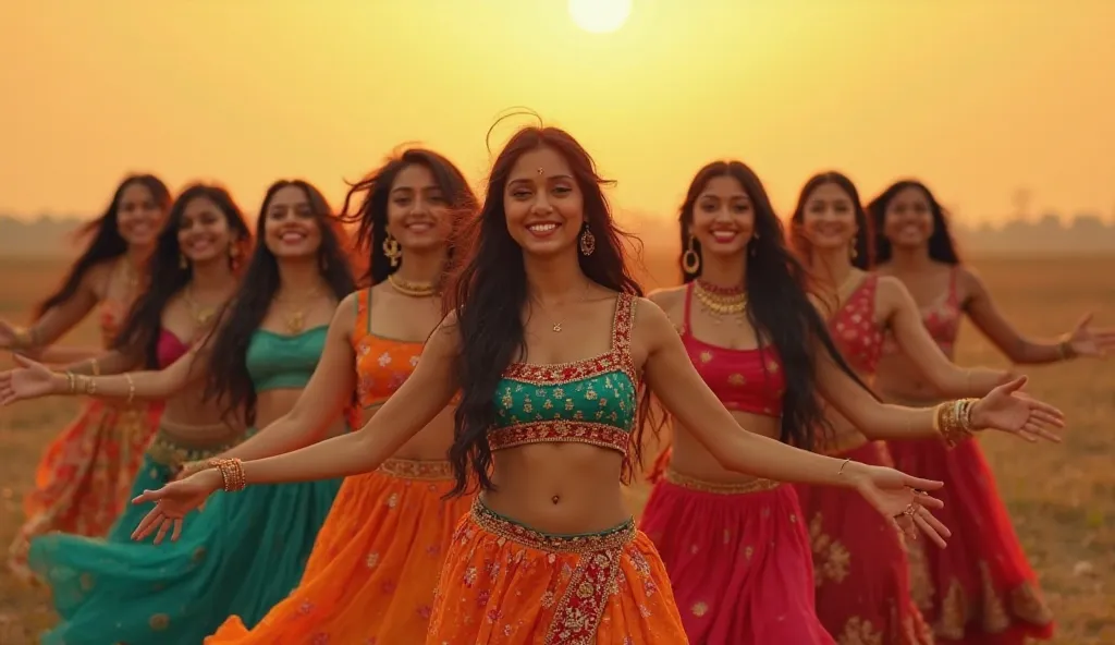 A group of young South Asian women are dancing in vibrant, colorful traditional Indian attire.  They are positioned in a horizontal line across the image, filling most of the frame. The women are various shades of light and medium skin tones, with long bla...