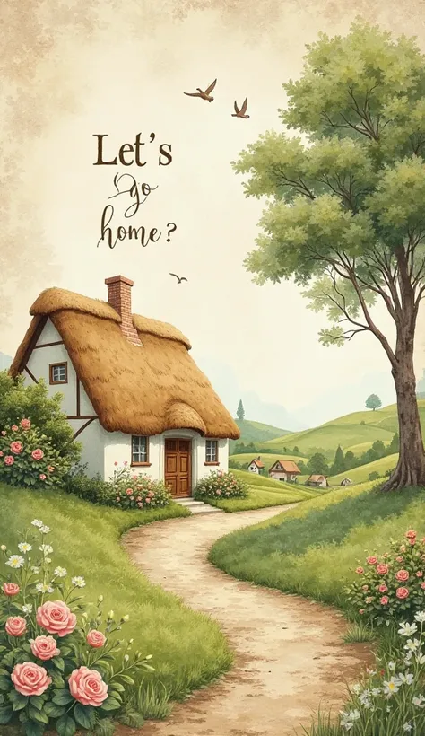 dreamy vintage watercolor scene of a countryside cottage with a thatched roof, nestled among rolling green hills. The setting exudes warmth and serenity, with a winding dirt path leading to the welcoming wooden door. The background is softly blended with d...