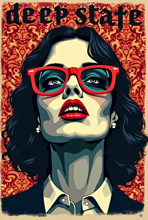 affiche style pop art sérigraphie filagramme ultra réaliste et flippant avec en titre "DEEP STATE" avec Rachida Dati aux lunettes rouge avec des dents de vampire
