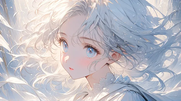 {{{masterpiece}}}, {{{best quality}}}, {{ultra-detailed}}, {illustration},２d、woman、light blue hair、Permed hair、cute、Wearing pure white 、A snowstorm is blowing