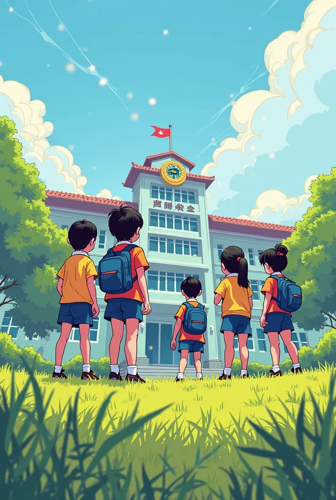 Sabah Chongzheng Middle School students look behind Sabah Chongzheng Middle School（ comic style，Students in school uniforms are standing on the lawn looking back at school）
