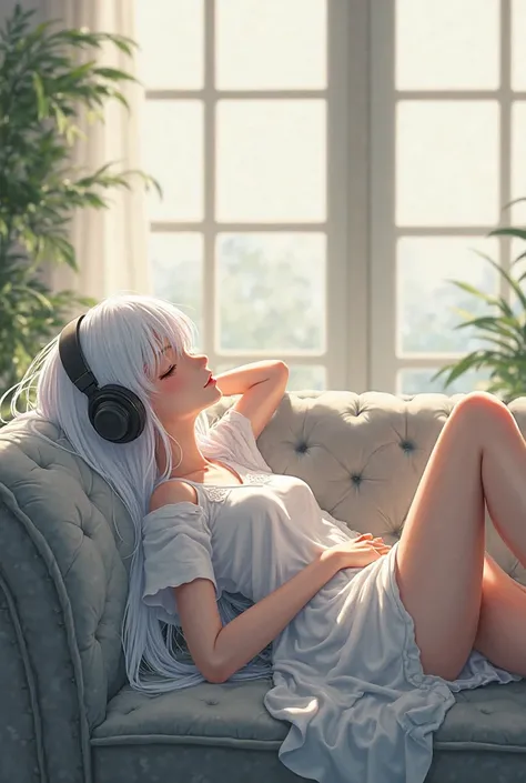 White hair girl taking a nap on a sofa next to a window while listening to music with headphones (anime)