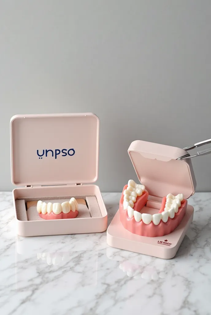 Hyper-realistic product photography of YUNPSO denture reline kit, packaging and dentures displayed together, professional studio lighting, 8K detail, minimalistic design for mature audiences:

main visual composition

scene：pure white marble countertop，The...