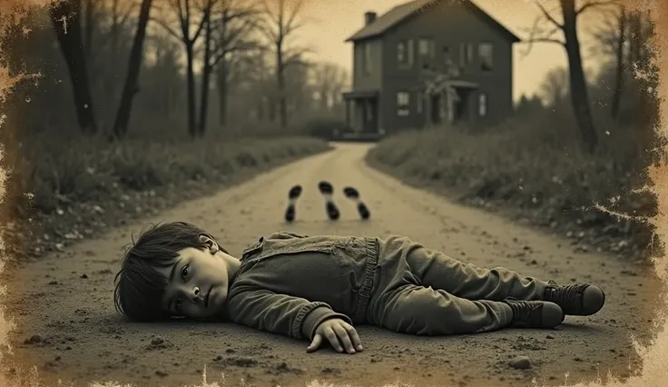 A dusty old photograph of a young boy lying on the ground, partially buried in dirt. Behind it, faint ghostly footprints lead toward a darkened house in the background.