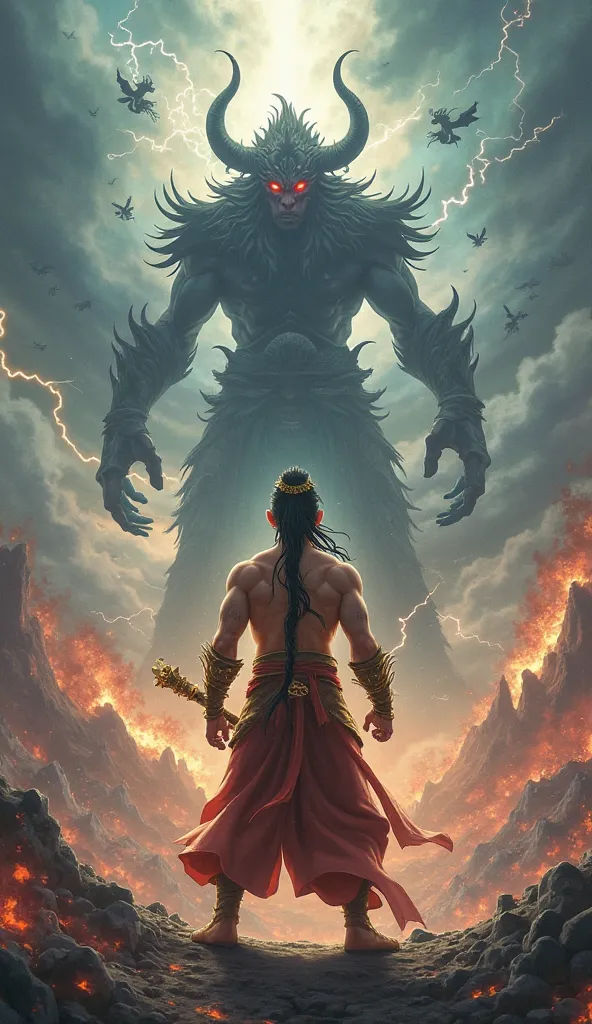 Sun Wukong, the legendary Monkey King, stands with his back to the viewer, facing a towering demon king across a stormy battlefield. His bare, muscular upper body glistens with battle scars, and his golden headband (Jin Gu Zhou) glows faintly. He grips his...