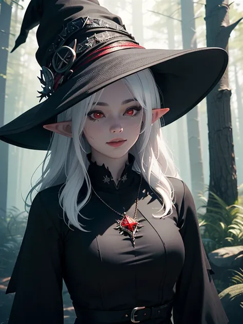 close-up, upper body. long, ( white hair:1.6), (black witch hat :1.6), (red eyes:1.6), ( Black witch dress :1.6), ( sharp ears:1.2), smiling elf girl  in the woods. ( Masterpiece , top quality shirt, best quality, official art,  beautiful and aesthetic:1.2...