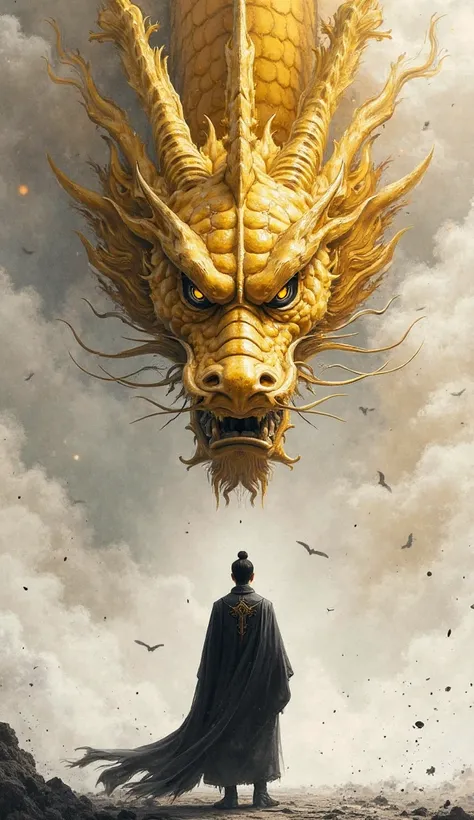  Chinese warrior in flowing traditional robes standing before a massive golden dragon. The dragon, painted in dynamic brushstrokes, emerges from swirling ink clouds, its fierce eyes glowing with intensity. The composition is dramatic, with the warrior stan...