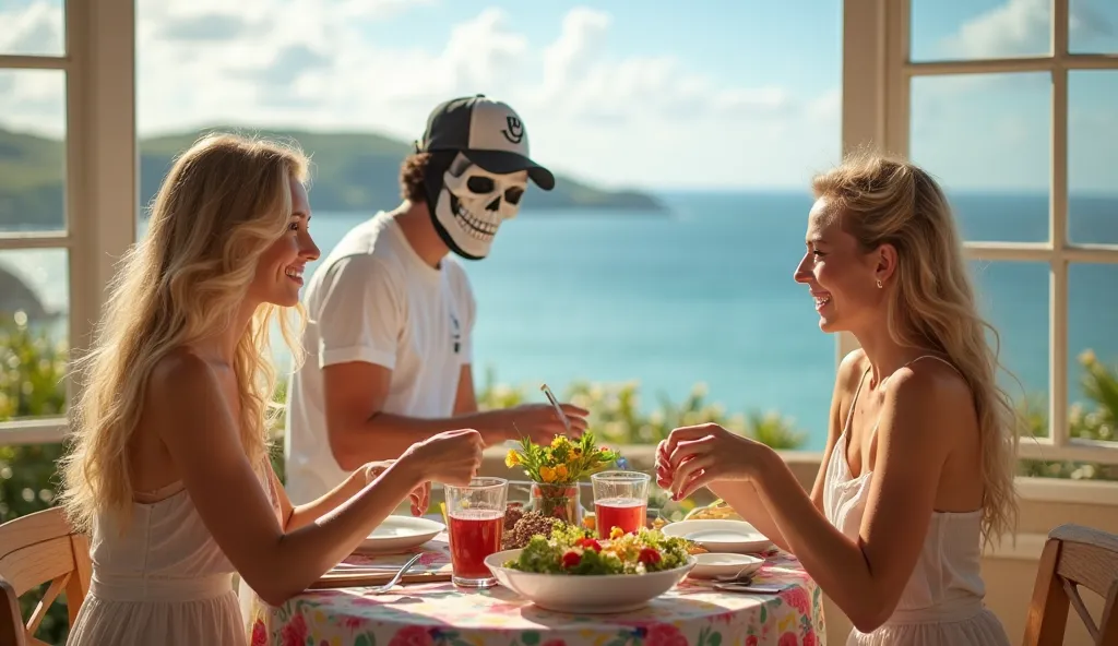 A warm and joyful scene inside a beachside house on a bright, sunny afternoon. Two young women with golden blonde hair, dressed in light summer dresses, are seated at a round dining table covered with a colorful tablecloth. In front of them are fresh, deli...