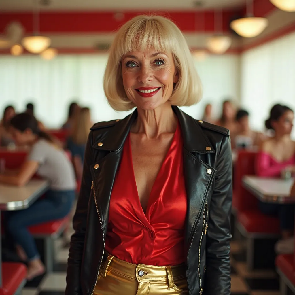 a full body shot of a middle-aged or older woman,
she is standing up in a bright American diner interior,
Her expression is pleasant and approachable, with a visible smile,
her gaze is direct,
she is looking directly at the viewer,
she wears a light blonde...