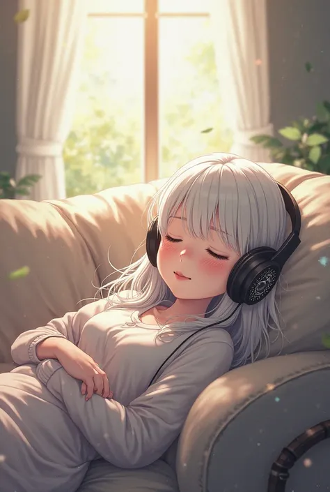 White hair tired girl taking a nap on a sofa next to a window while listening to music with headphones (anime)