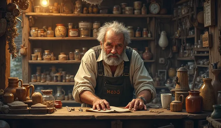 An old man standing behind a small shop counter, arranging goods on shelves, looking tired but determined.  
