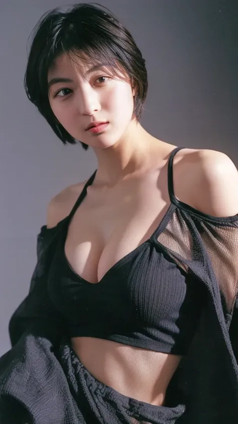 highest quality, masterpiece, ultra high resolution, (realistic:1.5), RAW photo, see through low off shoulder showing big breasts, in the dark, deep shadow, discreet key, cold light, sexy appearance, short hair looking at camera、catch light