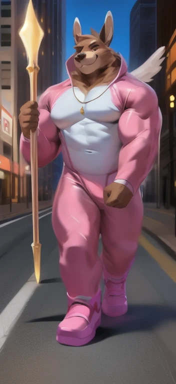  alone, male Tall​,huge​ body​, stand,Holding the magic staff of an angel., road,bear kangaroo ​,  pink military spacesuit,  heavy overload,  muscle bundle, smirking,by chunie ​