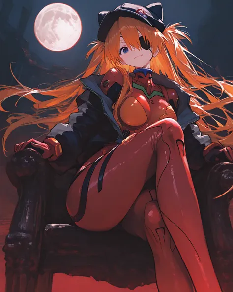   masterpiece, top quality,   vibrant, very aesthetic,   latest,  
medium breasts,  Neon Genesis Evangelion、    woman 1 person、 、Su Long Aska Langley 、 orange hair、   blue eyes、   eye patch   、 Black Hat、 赤い jacket、   jacket、 red plug suit、( 赤い jacketの中に r...