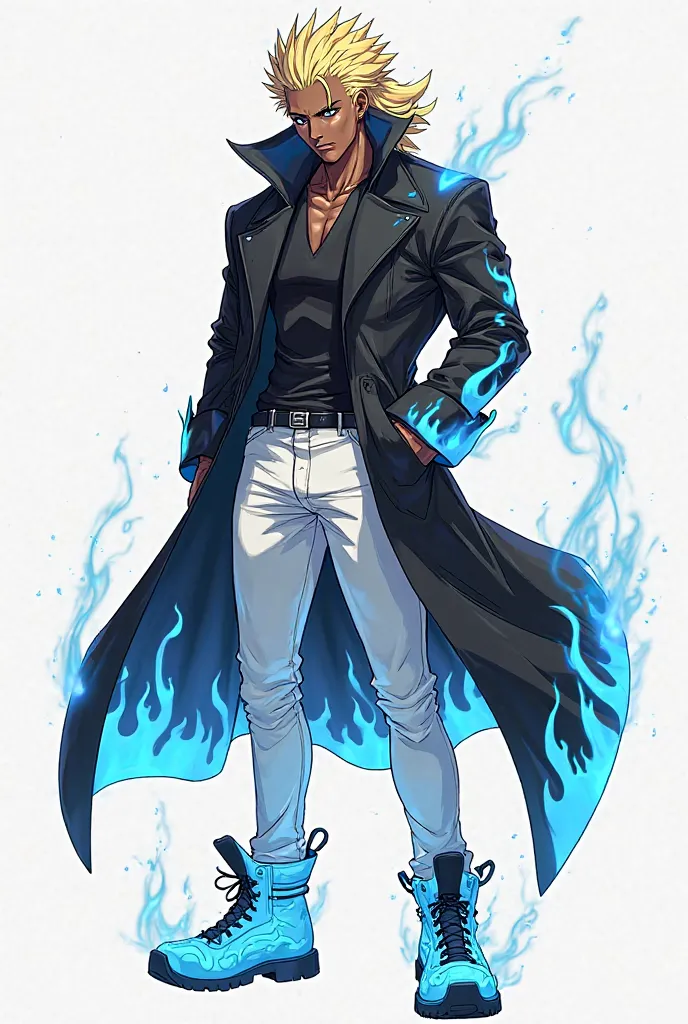 a black man, Clothes, with long spiky blond hair, Wearing a black trench coat with light blue flame prints, white pants and light blue boots with flame details (anime style)

