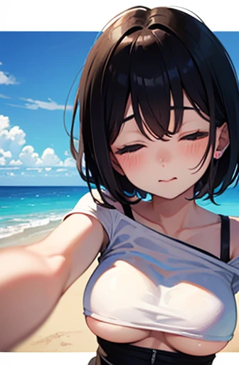 1 girl、cute、 blue eyes、 black hair、(short hair)、 white camisole that floats above the sea、 black hotpants、(underboob)、(clothes lift)、(macro shot)、 Selfies、 sandy beach、Painting、(closed eyes:1.4)、(nervous:0.8)、
