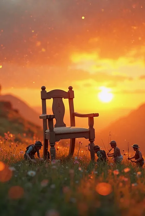 A video in which a chair with a sunset background and mini carpenters working on it and moving 