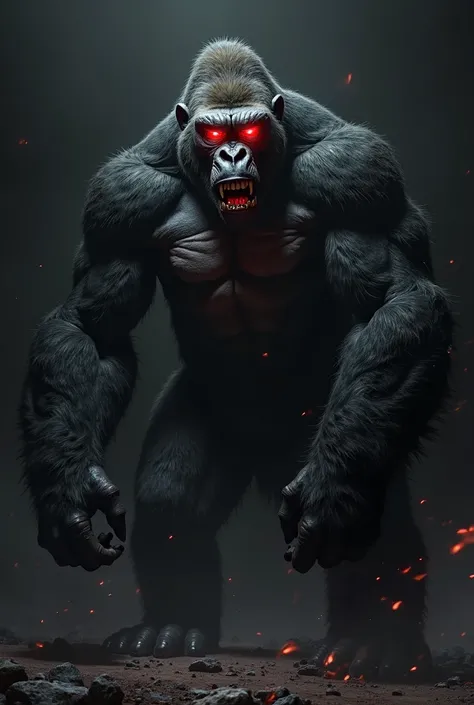 Giant evil gorilla with red eyes on black background