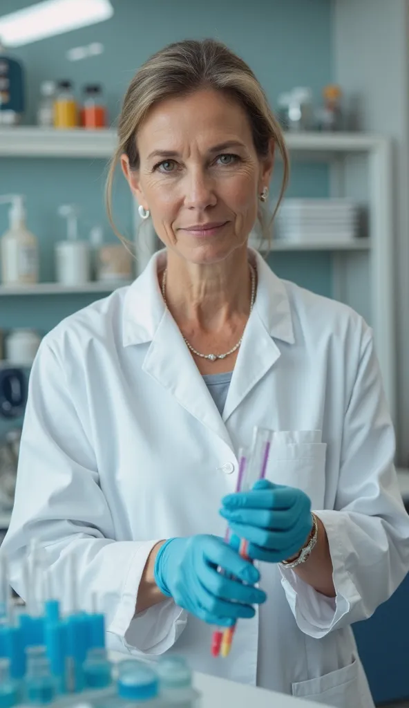  middle-aged woman,  european race ,  With barely noticeable wrinkles , blue low-heeled shoes,  white medical gown, in her hands, she holds test tubes, neat hairstyle, realistic photo
