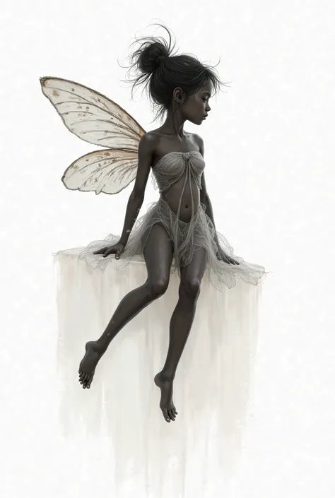 illustrated innocent black fairy sitting on white background
