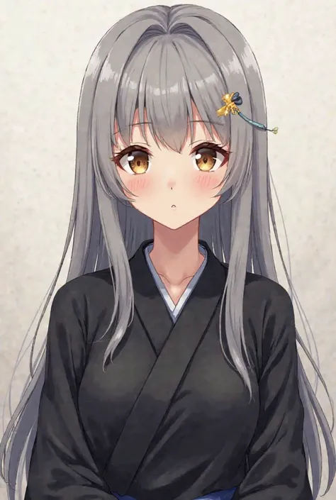  an anime style anime girl . Gray-haired gold eye. Full bang hair.  Full bang bangs only go down just below the eyebrows. Straight hair that goes down to the hips. Beautiful girl with long, smooth, and calm straight hair. wearing an all-black traditional k...