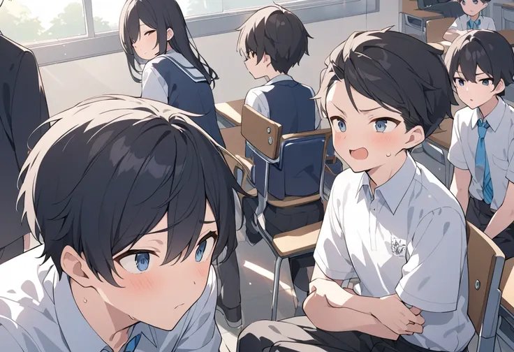 male middle school student、 male、３people、 school uniform、white cutter shirt、Black trousers、 black hair、coming out of mouth、chair、sit、machine、classroom