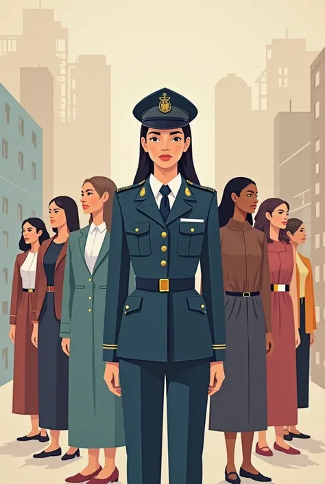 a pictogram of a female military police officer in front of other women dressed in different ways