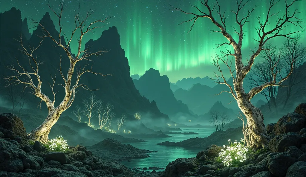 An ethereal, enchanted landscape in a palette of white, black, and green. The scene is dominated by skeletal, dead trees with glowing white bark that radiates a soft, otherworldly light, illuminating the surrounding darkness. A shimmering green mist drifts...