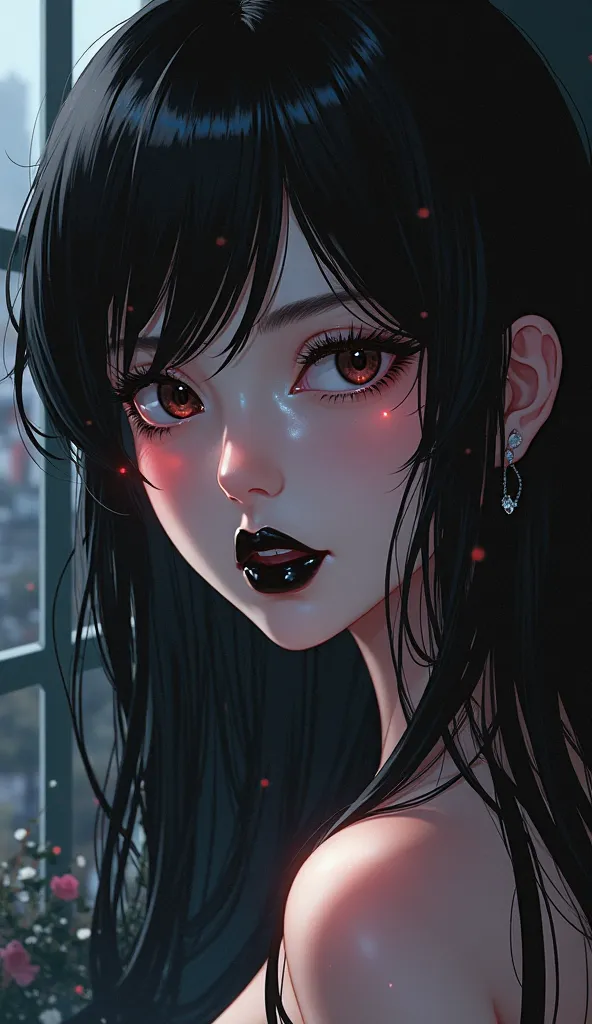 A Vampire Girl Open Mouth Black Lipstick Pointed Canine Visible Teeth. Beautiful Black Eyes Silky Hair Falling Down the Face Anime Style Vista Lateral do Rosto Sensual. Seios Médios.