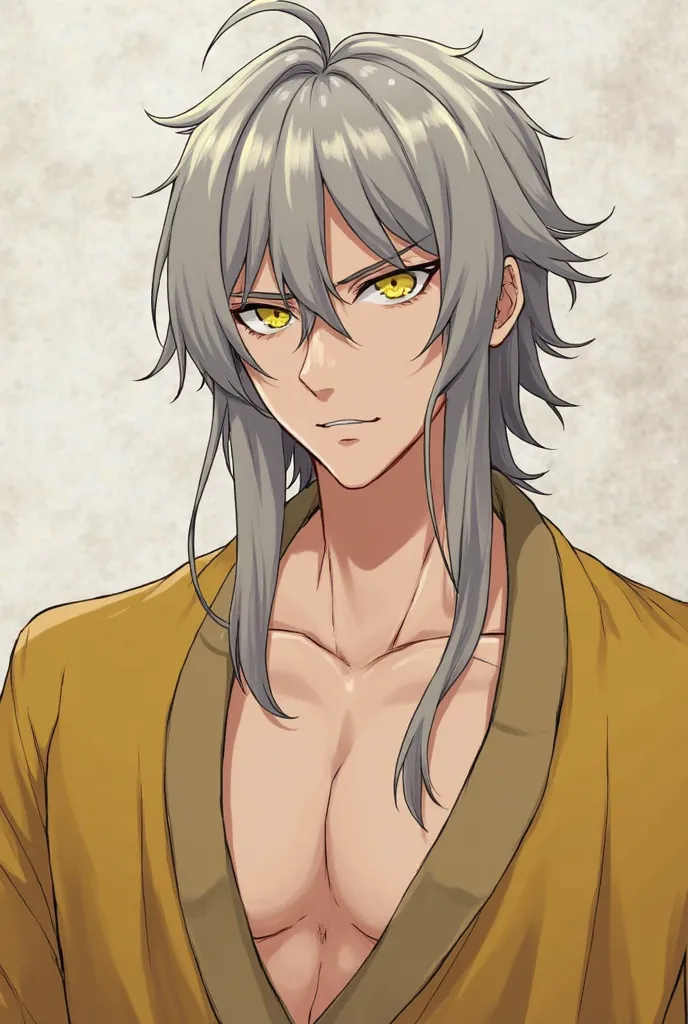  Adult man, anime, video game, loose long gray hair, long hair,  loose hair, yellow eyes,  golden eyes, slightly tanned pale skin, butterfly bangs, open bangs, a lock sticking out of his head, tonificado,  muscular, golden robe 