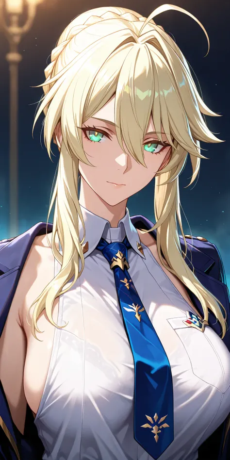 Masterpiece, very aesthetic, vibrant, high contrast, high resolution, ultra detailed, mature woman, milf, artoria pendragon (lancer) (fate), curvaceous, upper body, tie, sleeveless collared shirt, open jacket, side boobs, soft light, honkai: star rail cg s...