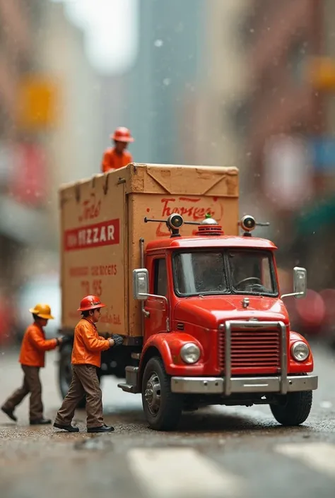 Tiny delivery drivers are loading giant pizza boxes onto mini trucks. One person is operating a drone to deliver slices, another is navigating traffic with a tiny GPS, and a team is reheating pizzas with a giant laser. A final inspector is ensuring the piz...