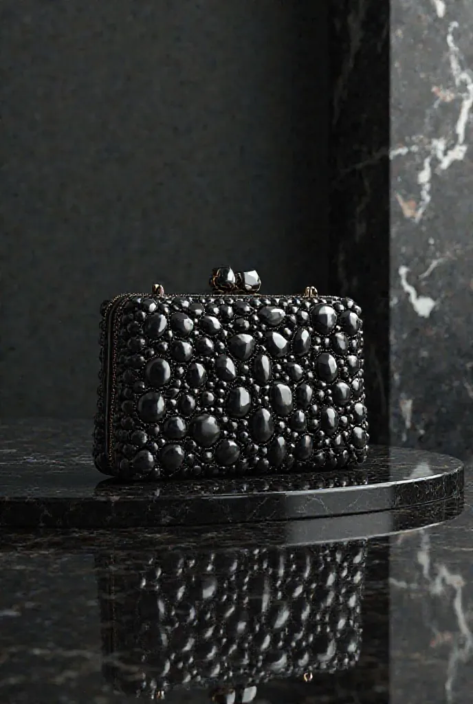 8k, ultra realistic, row, 226 / 5000 close-up small, original, women's bag with decorative black stones, in the picture you can see only stones, the stones are large and black,  the bag stands on a glass, black surface, in the background you can see a marb...